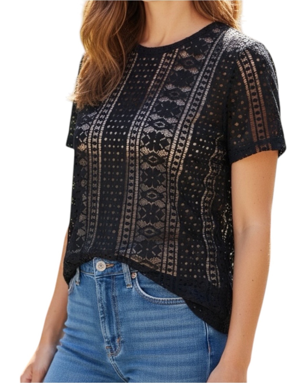 Banana Republic Sz SMALL Black Floral Lace Short Sleeve Blouse Top